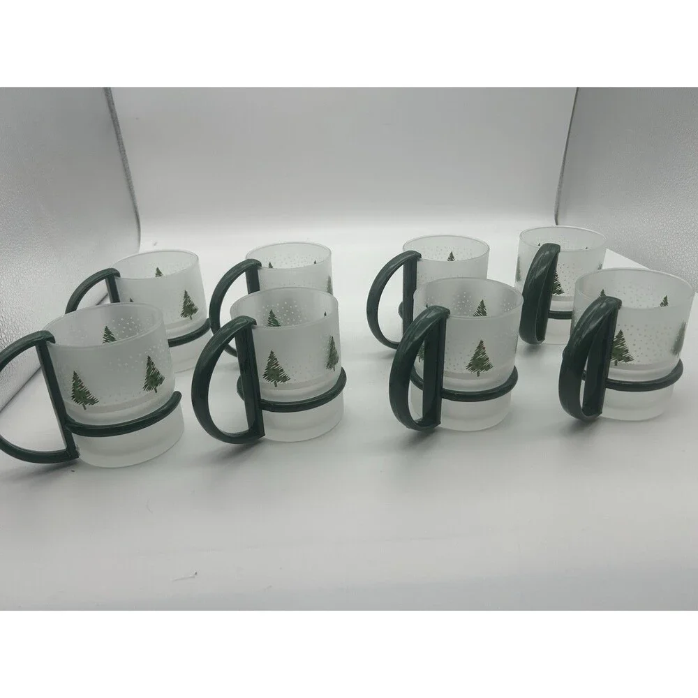 8 Christmas Inspiration Frosted Glass Mugs w/ Removable Handles VTG Set